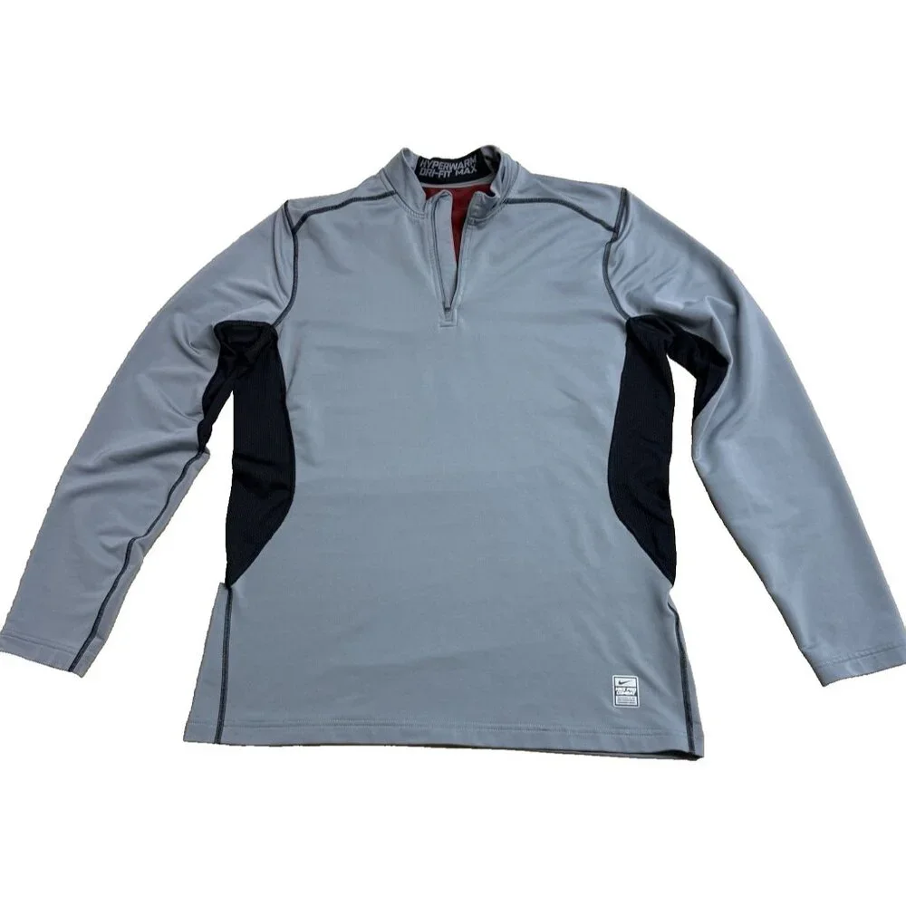 NIKE PRO COMBAT PULLOVER HYPERWARM DRI FIT MAX 1/4 ZIP MENS L GRAY BLACK FITTED